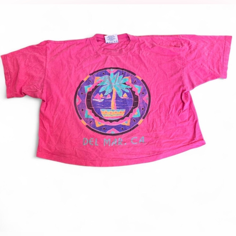 Vintage 90s Eyecatcher Crop Top Hot Pink Purple Del Mar CA Palm Tree Graphic- OS
